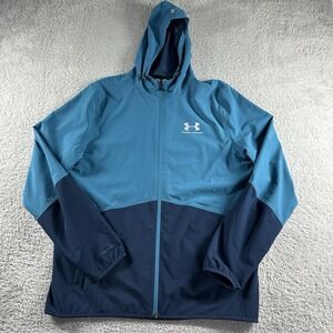 Under Armour Windbreaker Jacket Mens Medium‎ Blue Hooded Full Zip Heat Gear